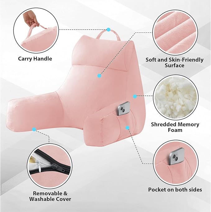 Back Pillow for Bed Sitting up, Reading Pillow for Sitting in Bed Adult, Back Support Pillow, Memory Foam Sit up Lounge Backrest Pillow with Arms for TV, Couch, Chair, Dorm, 20 Inch, Pink