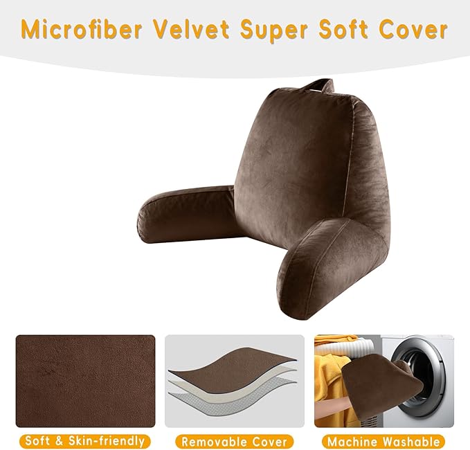 Reading Pillow for Sitting in Bed Adult, Reading Pillow with Shredded Memory Foam, Back Pillow for Sitting Up with Extend Arms, Pockets, Bed Pillow with Washable Cover,Brown, X-Large