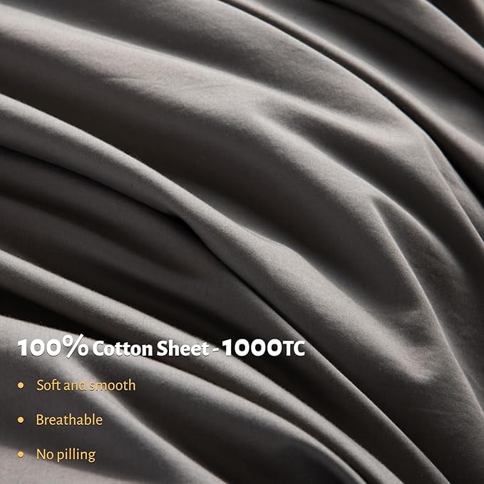 Shilucheng 100% Egyptian Cotton Sheets Set - 1000 Thread Count，Luxury Cotton Bed Sheets，Breathable & Cooling Bedding and Pillow Cases, 16 Inch Deep Pocket - 4 Piece (Grey, Full)