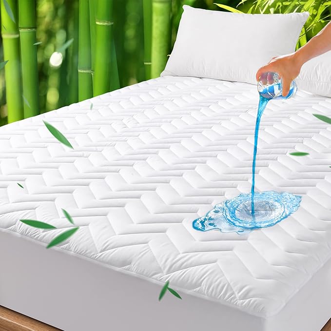 Unilibra Full Size Waterproof Mattress Pad Rayon Made from Bamboo, Quilted Breathable Mattress Protector, 6''-19'' Deep Pocket Fitted Mattress Cover White