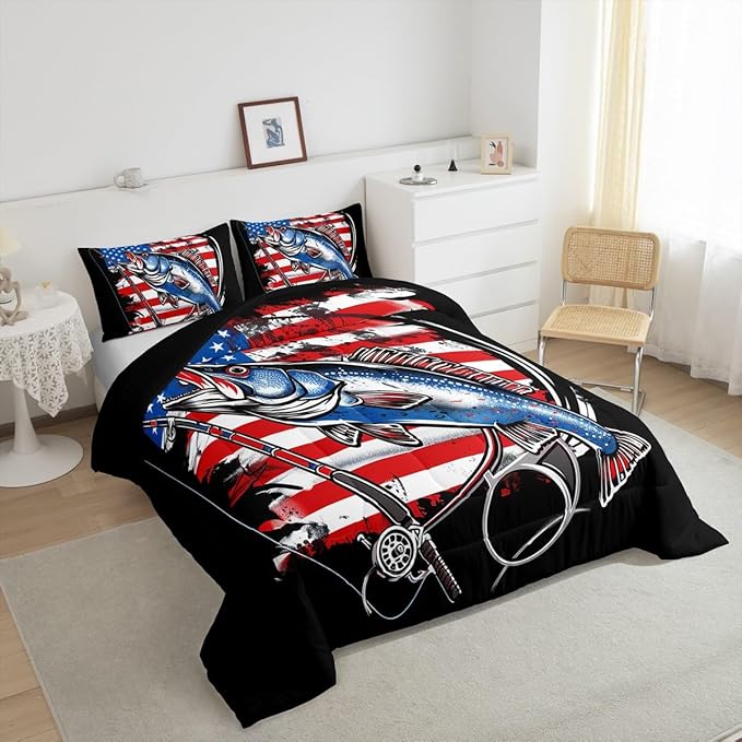 Feelyou Bass Fish Bedding Set Full Size Farmhouse Fishing American Flag Comforter Set for Kids Boys Girls Teens Fishing Lover Room Wild Pike Fish Decor Comforter Red Blue Stripe Quilted Set 3Pcs