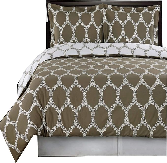 Royal Hotel Bedding Taupe and White Brooksfield 4 Piece Full/Queen Comforter Set 100% Cotton 300 Thread Count