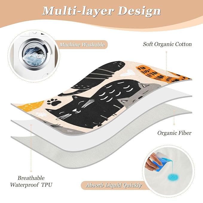 Waterproof Bed Pad Reusable Changing Pad Toddler Mattress Protector Large Pee Pad Baby Diaper Pad Soft Washable Liner Cute Beige Cat