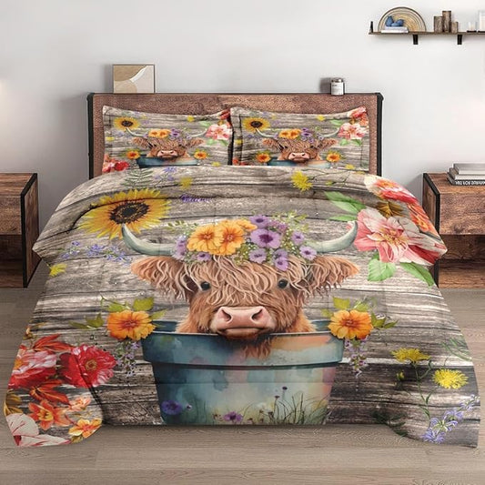 Twin Size Comforter Set with Pillowcase, Happy Cute Cartoon Soft 2 Pcs Bedding for Kids and Adults, Highland Cow Flower Comforter Set for Bedroom Bed Decor