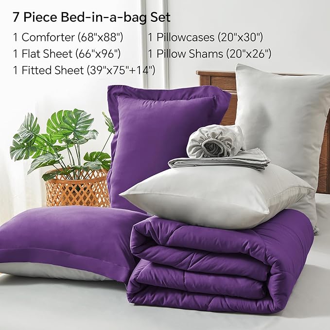 BEDELITE Twin Comforter Set 5 Pieces Bed in A Bag - Soft Microfiber Reversible Purple Bed Set with Comforters, Sheets, Pillowcase & Sham, Cozy Luxury Bedding Sets for All Season