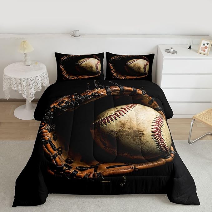 Erosebridal Baseball Comforter Set King Size Sports Game Bedding Baseball Player Duvet Insert for Kids Boys Teens Retro Style Quilt for Room Dorm Decorative, Brown Down Comforter