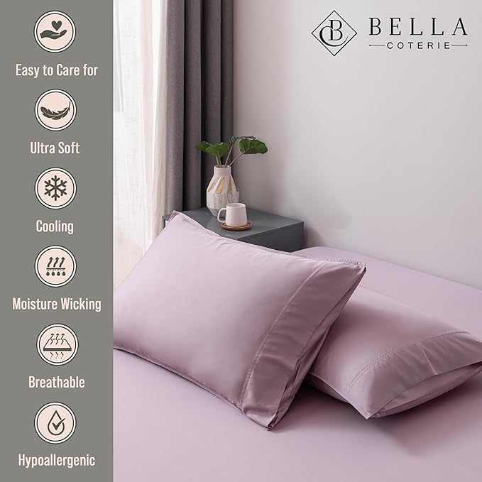 BELLA COTERIE | Luxury Bamboo Viscose King Size Pillowcase Set | 100 % Organically Grown | Ultra Soft | Cooling | 2 Pcs [Lilac]