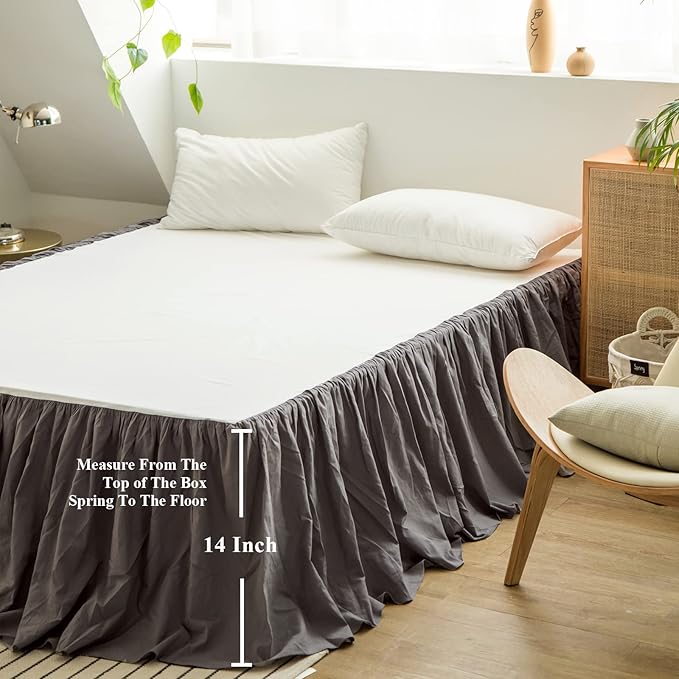 BISELINA French Linen Bed Skirt with Pleated Frills 14-Inch Tailored Drop Natural Flax Cotton Blend Dust Ruffle Soft Cozy Farmhouse Bedding (14" King, Ruffle Dark Grey)