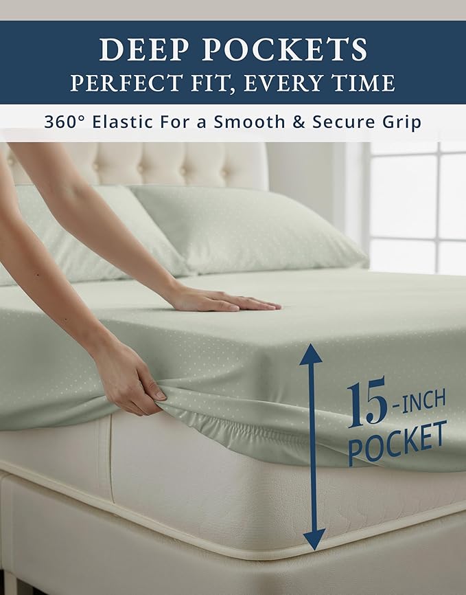 LANE LINEN 100% Egyptian Cotton Bed Sheets - 4PC Calking Sheets Set, Long Staple Cotton Bedding Sheet, Luxury Hotel Sheet Fits Upto 15" Mattress, Swiss Dot - Mineral