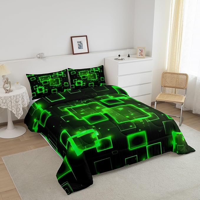 Feelyou Geometric Green Black Comforter Set Full Size, Kids Light Honeycomb Bedding Set Geometrics Comforter Abstract Duvet Insert Bed Set 3Pcs
