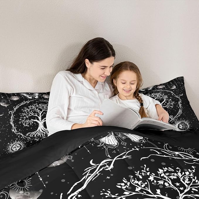 Feelyou Sun and Moon Comforter Bohemian Tree Butterfly Style Bedding Set Psychedelic Hippie Comforter Set for Boys Girls Children Teens Bedroom Decor Galaxy Astrology Duvet Set Queen Size