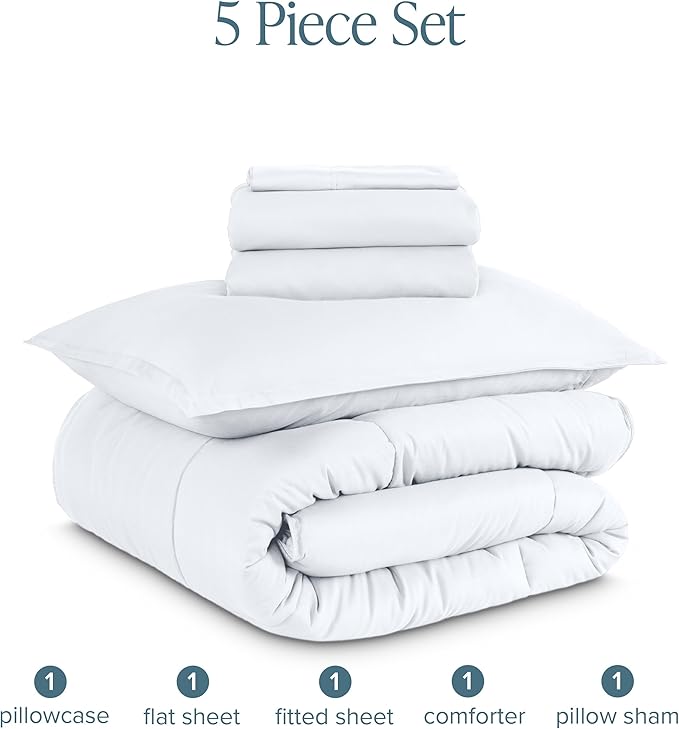 Bare Home Bedding Set 4 Piece Comforter & Sheet - Twin XL - Goose Down Alternative - Ultra-Soft 1800 Premium Bed Set (Twin XL, White/White)