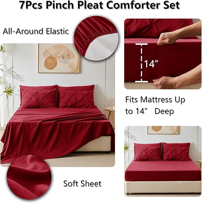 King Comforter Set Dark Red, 7 Pieces Pintuck Bed in A Bag King Size Bedding, Soft Bed Set All Season Pinch Pleat Comforter Set with Sheets, Pillowcases & Shams