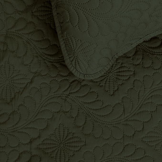 Easy-Going Full/Queen Size Reversible Quilt Set with 1 Quilt and 2 Pillow Shams, Soft Bed Quilt Cover, Water Resistant Lightweight Microfiber Bedspread, Stain Resistant, Olive Leaf-Army Green/Beige