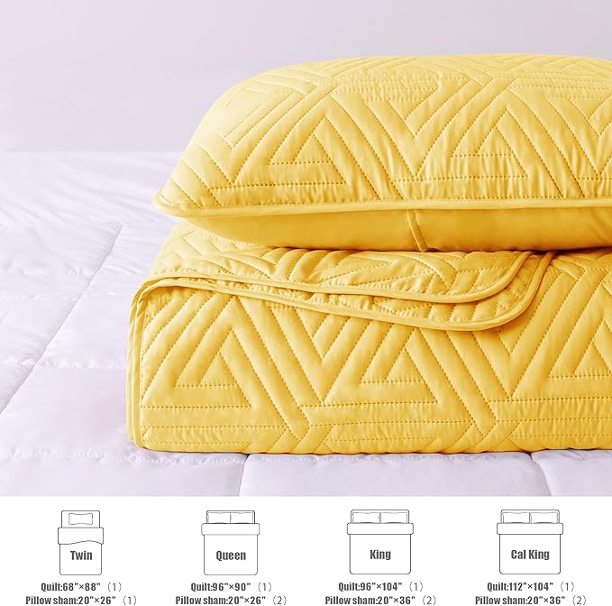Whale Flotilla Soft King Size Quilt Set for All Seasons, 3-Piece Ultrasonic Geometric Quilts Bedding Set, Lightweight Reversible Bedspread, Coverlet, Bed Cover with 2 Pillow Shams, Yellow