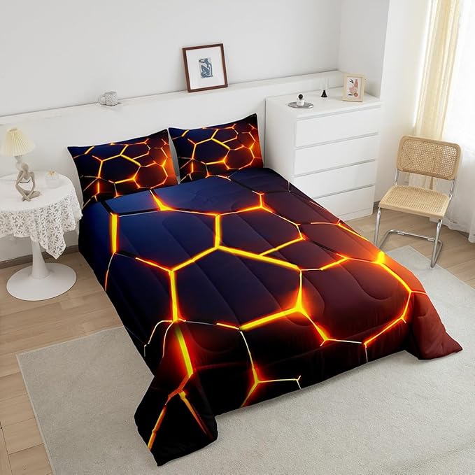 Honeycomb Print Bedding Set Red Black Fire Hexagonal Pattern Comforter Set for Kids Boys Girls Teens Beehive Geometrical Comforter Breathable Simplistic Duvet Set Room Decor Quilt Set Toddler Size