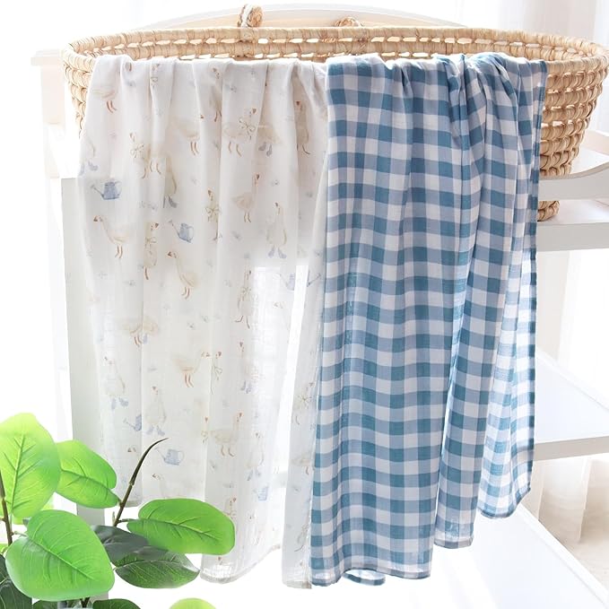 LifeTree Baby Swaddle Blankets, Boys Girls Muslin Swaddling Wrap Receiving Blanket for Newborn, 70% Viscose from Bamboo and 30% Cotton, Large 47" x 47", Duck and Checkered