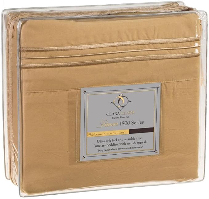 Clara Clark 1800 Series Bed Sheet Sets - Stay fit on Mattress with Elastic Straps at Corners - King, Camel Gold