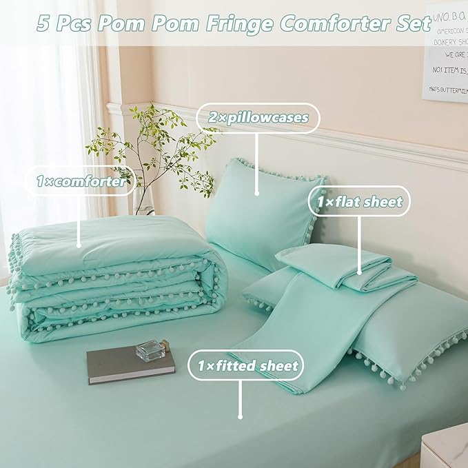 PERFEMET Mint Green Comforter Full Size 5 Piece Bed in A Bag Set Boho Pom Pom Girls Bedding Comforter Set Soft Fluffy Kids Solid Bed Set with Sheet(Mint Green, Full)