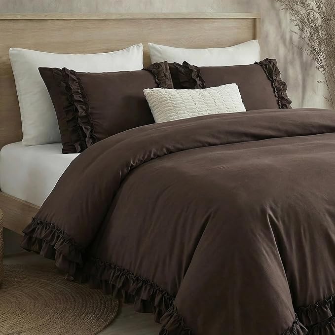 Dark Brown Duvet Cover Set Elegant Ruffled Bedding Queen Shabby Chic Lace Ruffle Boho Bedroom Decor Vintage Boho Style Chocolate Duvet Cover with Pillowcases