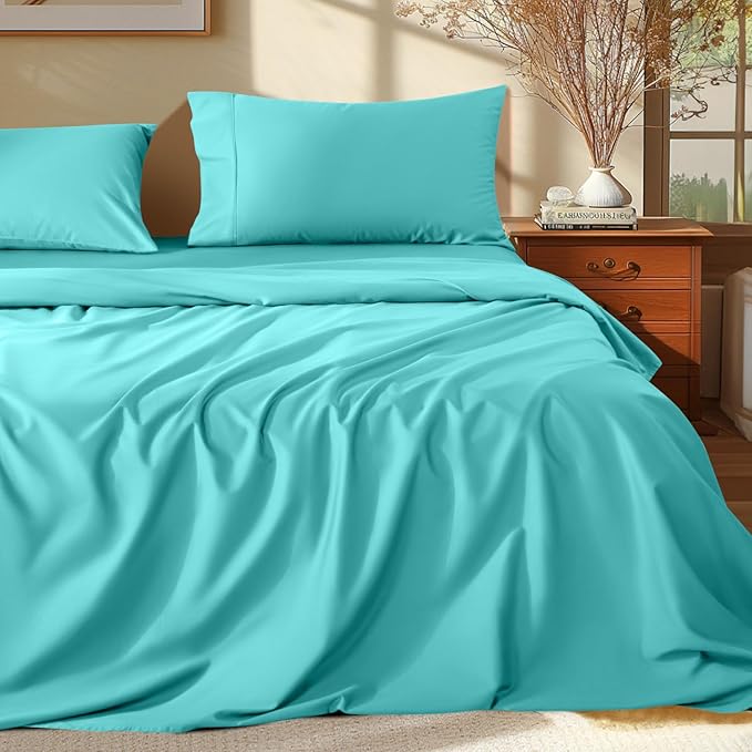 Shilucheng 100% Egyptian Cotton Queen Size Sheets Set - 1000 Thread Count，Luxury Cotton Bed Sheets，Breathable & Cooling Bedding and Pillow Cases, 16 Inch Deep Pocket - 4 Piece (Seafoam, Queen)