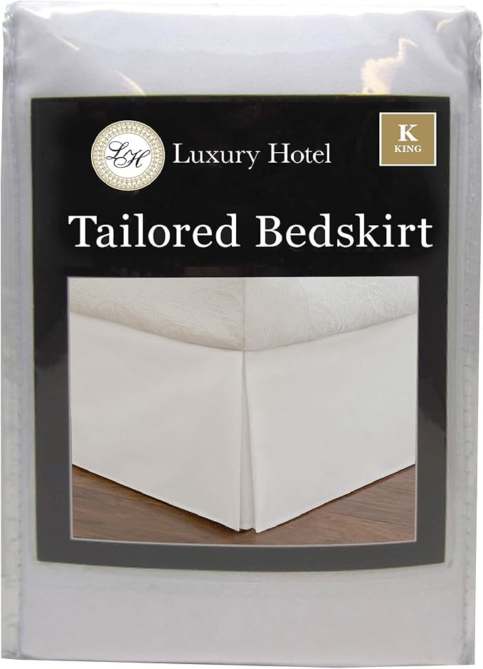 Luxury Hotel Tailored Bed Skirt, Box Pleats, 14 Inch Drop, King, White