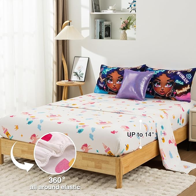 A Nice Night 6pcs Comforter Sets,Black Girl with Fashionable Attire Printing, Printed with Letters Background Kids Bedding Set,Queen