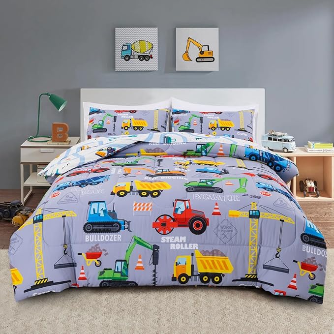 Holawakaka Trucks Tractors Cars Boy Bedding Comforter Set with Sheets, Twin Size Cartoon Construction Car Excavator Print Kids Bed in A Bag 5-Piece, Boys Reversible Dorm Bed Sets (Red Twin)