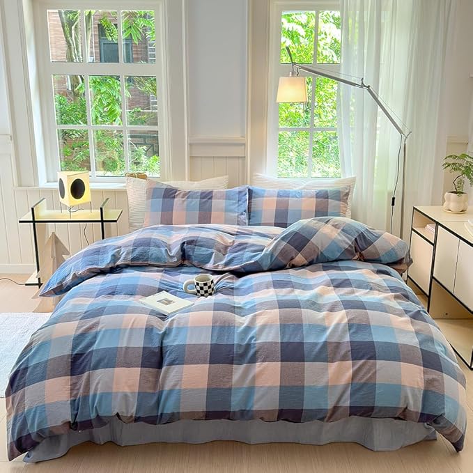 FACE TWO FACE Bedding Duvet Cover Set100% Washed Cotton Duvet Cover Linen Like Textured Breathable Durable Soft Comfy (Full, Cardamom Blue Grid)