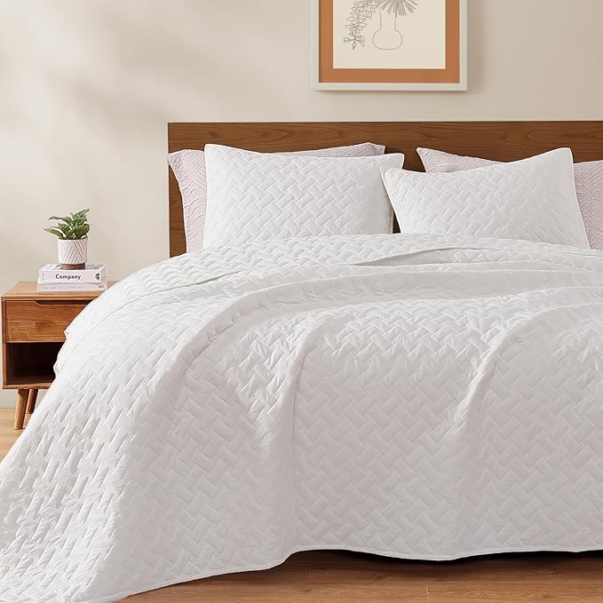 WRENSONGE Queen Quilt-3 Pieces Weave White Bedspreads Queen Size Quilt Bedding Set for All Seasons,Soft Summer Coverlet with 2 Pillow Shams Suitable for Bed, Couch, Quilted Blanket