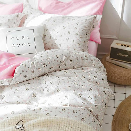 5 Pcs Twin Size Comforter Set with Sheets, Pink White Floral Pattern Printed Preppy Decor Reversible Bed Sets - 68 x 90 Soft Microfiber Flower Duvet Cottage Vintage Bedding in a Bag for Women Girls