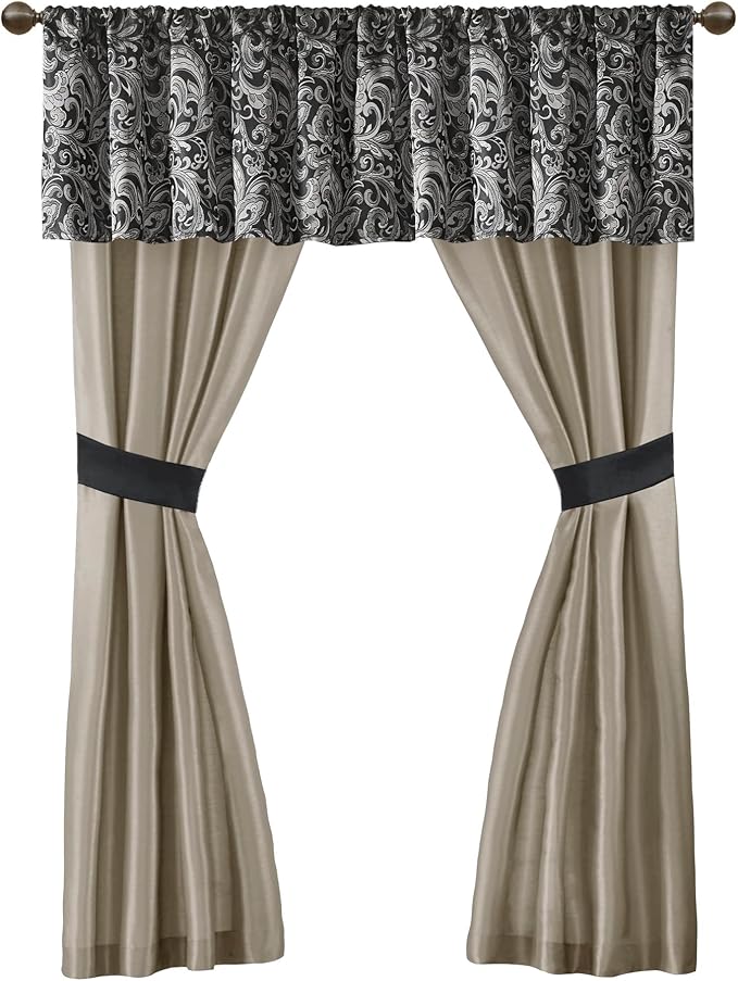 Madison Park Essentials Brystol 24 Piece Room in a Bag Faux Silk Comforter Jacquard Paisley Design Matching Curtains Down Alternative All Season Bedding-Set, Black 24 Piece, King(104 in x 92 in)