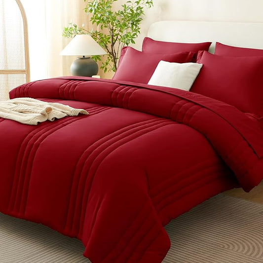 CozyLux Queen Comforter Set - 7 Pieces Bed in a Bag Dark Red Comforter Set with Sheets Luxury Bed Set All Seasons, Soft Bedding Set with Down Alternative Comforter, Sheets, Pillowcases & Shams
