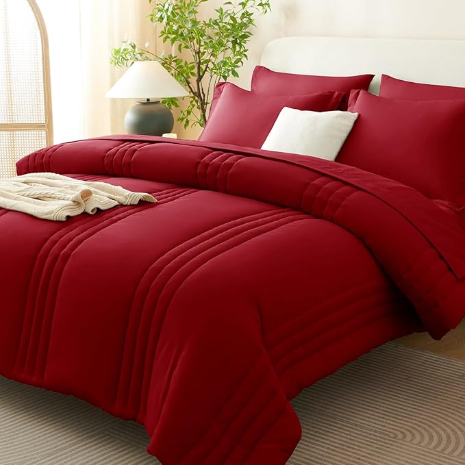 CozyLux King Comforter Set - 7 Pieces Bed in a Bag Dark Red Comforter Set with Sheets Luxury Bed Set All Seasons, Soft Bedding Set with Down Alternative Comforter, Sheets, Pillowcases & Shams