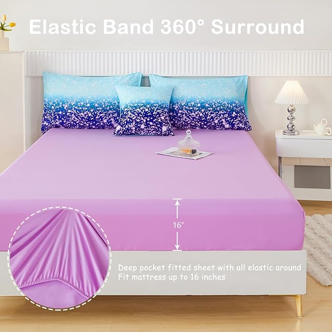 PERFEMET Girls Bed in A Bag Full Size 6 Pieces Blue Purple Rainbow Bedding Comforter Sets Tie Dye Ombre Kids Comforter Fluffy Teen Girl Bed Set (Blue Purple, Full)
