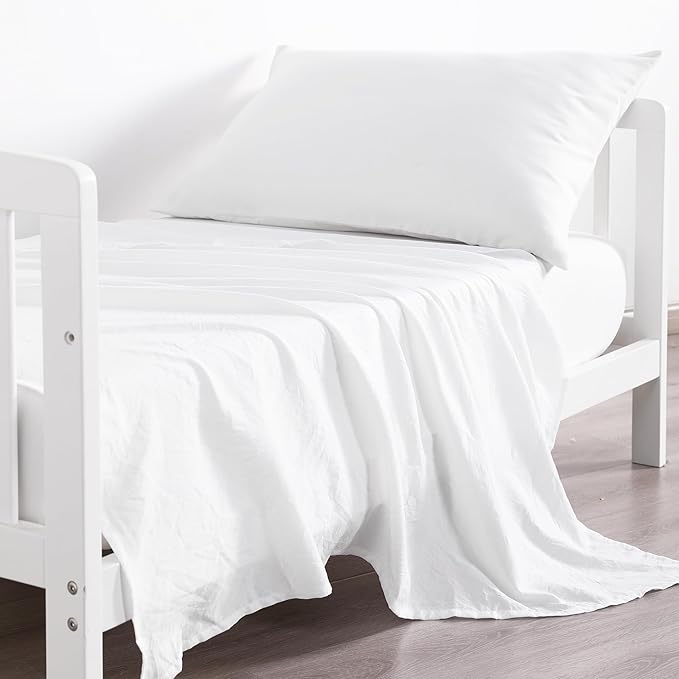 NTBAY Toddler Sheet Set - 3-Piece Microfiber Crib Sheet Set - Flat Sheet, Fitted Sheet, Pillowcase - Solid Toddler Bedding, White