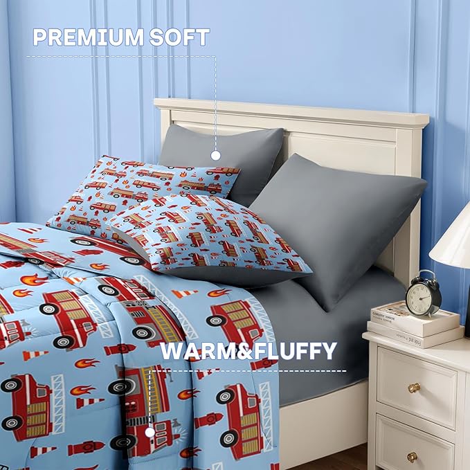 Nesker 7 Pcs Comforter Set Full Size, Red Fire Engine Bedding for Kids Teen, Fire-Fighting Trucks Vehicle with Fitted Sheet 2 Pillowcases & 2 Shams for Bedroom Bed Decor