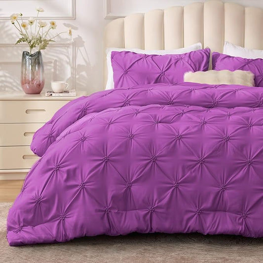 BEDELITE Purple Twin Comforter Set - 2 Peices Boho Pintuck Bedding Comforter Sets, Lightweight Soft & Warm Twin Bedding Sets with 1 Pillowcase for All Season