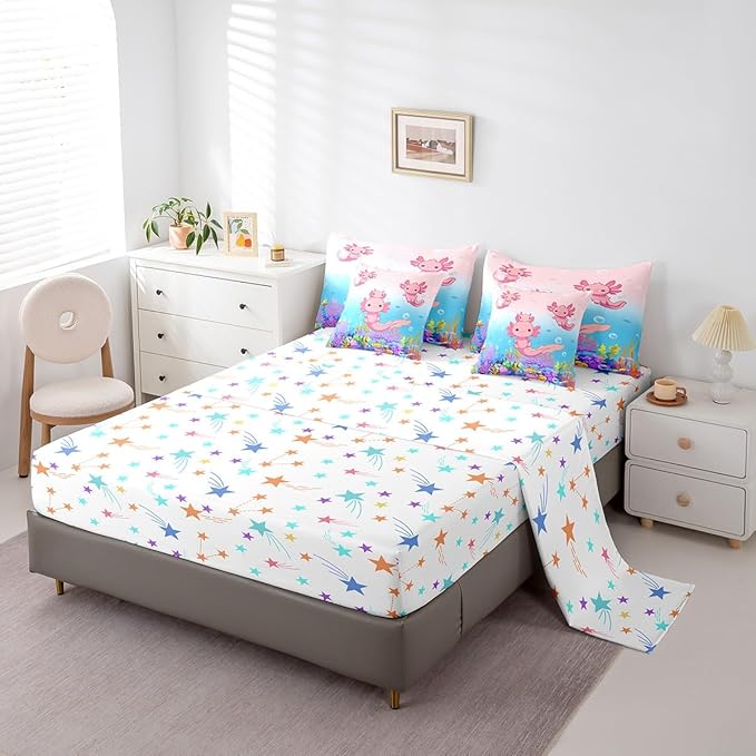 Feelyou Boys Girls Cute Axolotl Bed in A Bag Queen Size, Ocean Sealife Comforter Set with Sheets Kids Cartoon Salamander 7 Pieces Bedding Sets Kawaii Teens Bed Set