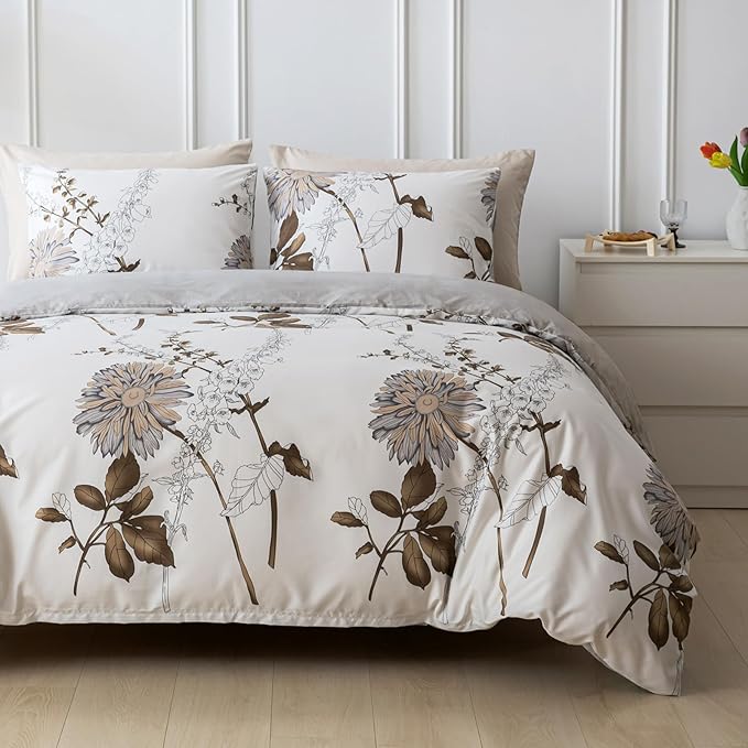 Lekesky Duvet Cover Queen Size, Reversible Dahlia Floral Duvet Cover Set, Soft Microfiber Off White Bedding Duvet Cover Sets with Zipper Closure (1 Duvet Cover 90"x90", 2 Pillowcases 20"x26")