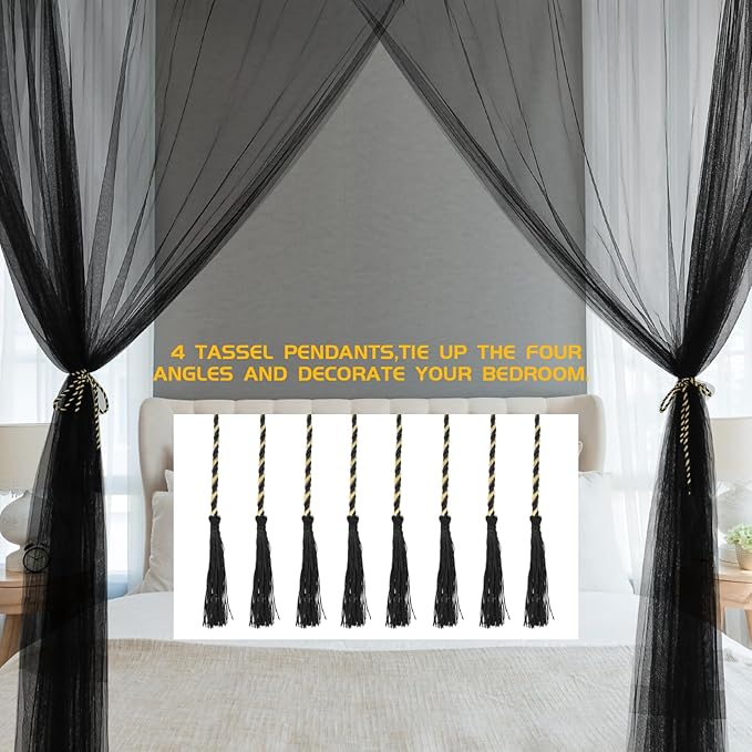 Mosquito Net Bed Canopy for Girls,King Canopy Bed Curtains Queen Size from Ceiling,Dome Mosquito Netting Bed Tent Twin Girls Canopy Bed Decor for Baby Crib,Kid Bed and Adult Beds (Black Square)