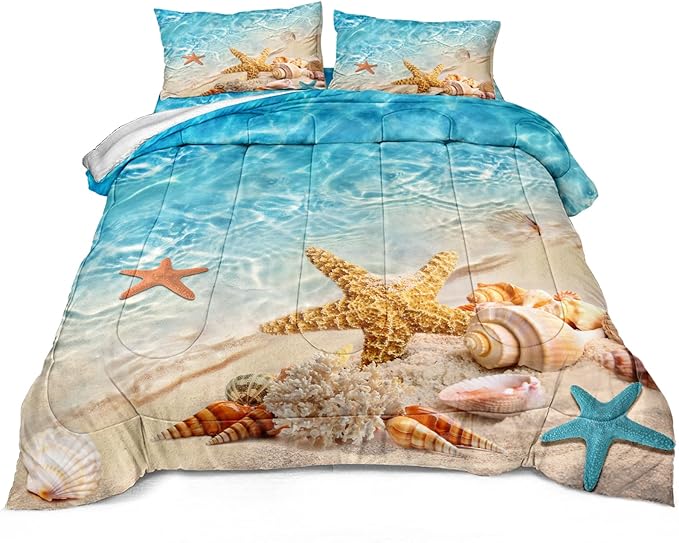 Bedbay Beach Theme Comforter Set Queen Size Coastal Bedding Comforter Set Marine Life Turquoise Ocean Starfish Comforter Queen Bedding Quilt Set Soft Microfiber 3 Pcs(Aqua,Queen)