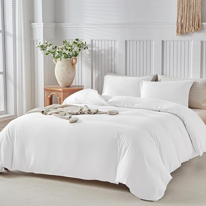 Lekesky Queen Size Duvet Cover Set, White Duvet Cover, Ultra-Soft Microfiber 3 Pieces Comforter Cover with Zipper and Corner Ties, Includes 2 Pillowcases 20"x26"