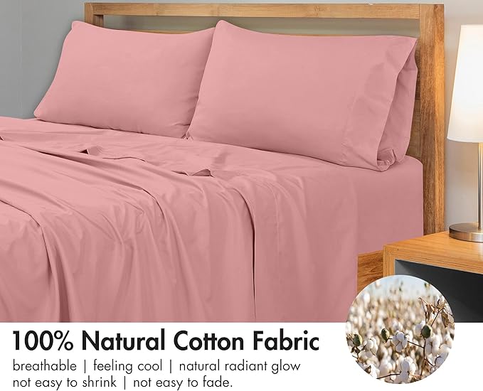 Royale Linens 300 Thread Count 100% Long Staple Combed Cotton Flat Sheet - Super Soft - Top Sheets - Full Flat Sheet Sold Separately - Breathable, Cool & Crisp Percale Sheets Only (Twin XL, Pink)