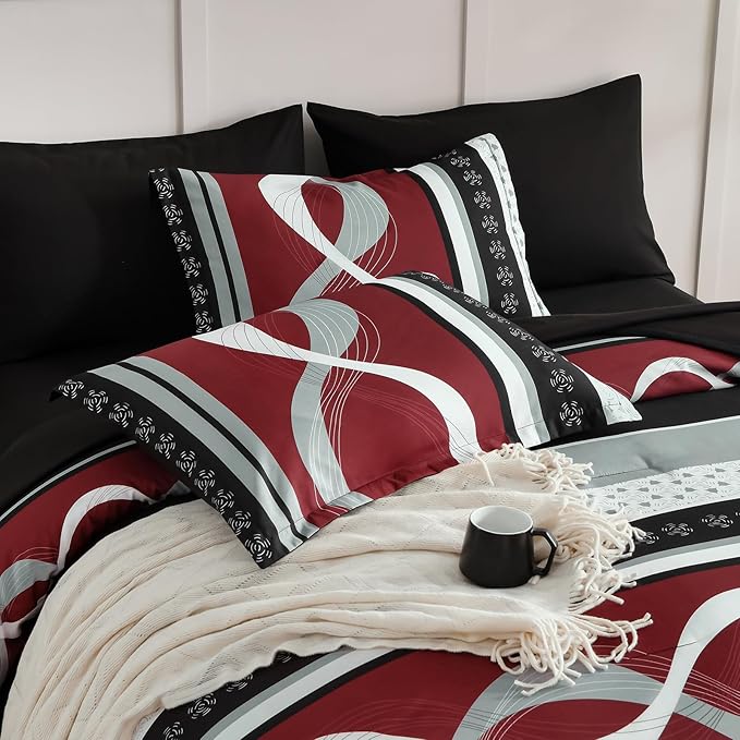 Anibedding Burgundy Comforter Set King Size,8 Pieces Bed in a Bag Patchwork Striped Bedding Sets,Boho Soft Microfiber Bedding Set for All Season(104"×90")