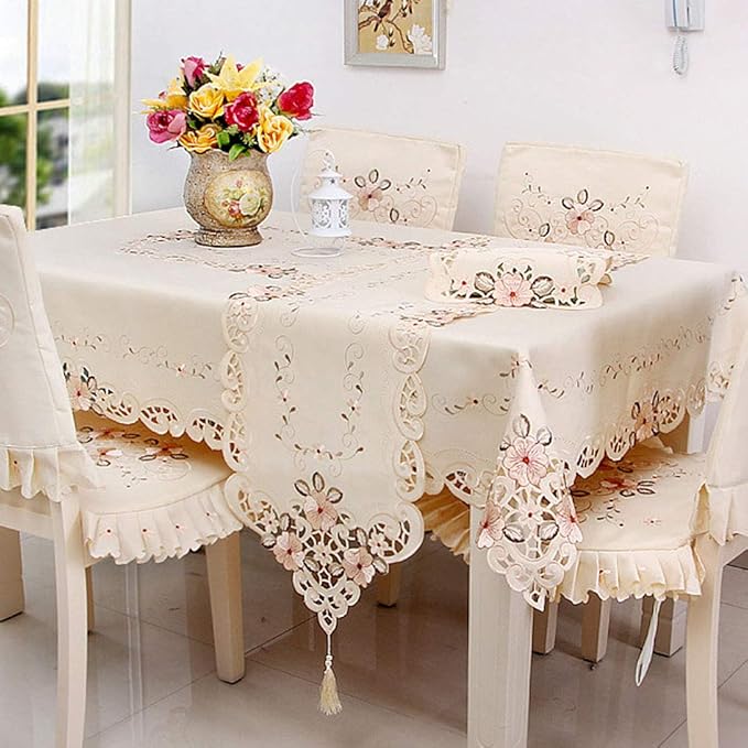 LeLehome 15" X 58" Classic Table Runner, Flower Embroidery Vintage Lace Cream Beige Polyester Fabric Dresser Scarves
