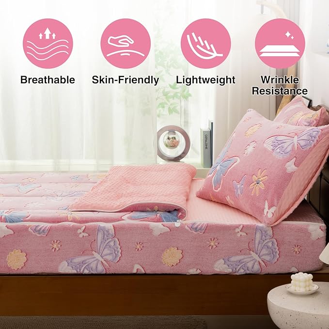 A Nice Night Colorful Butterfy Plush Zippered Comforter Set,Zipper Bedding Glow in The Dark for Child, Twin