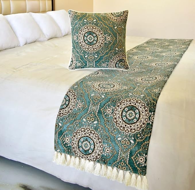 The HomeCentric King/Queen/Twin Teal Decorative King 90"x18" Bed Runner with Pillow Cover, Art Deco, Floral, Tassels & Velvet Bed Scarf on Velvet Fabric - Ahmet