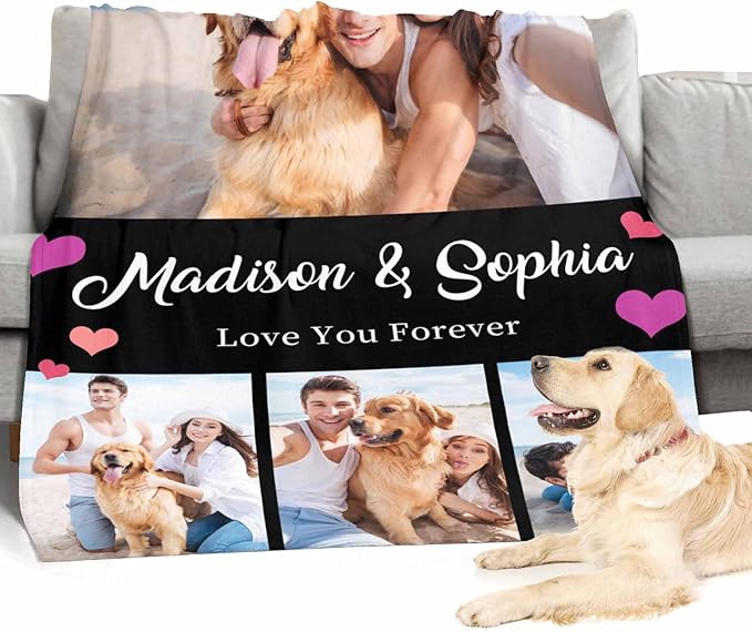 Costume Blanket with Pictures, 4 Photos Blanket Customized Personalized Photo Blanket for Valentines,Boyfriend,Dad,Mom,Friends,New Year,Birthday, 8 Sizes