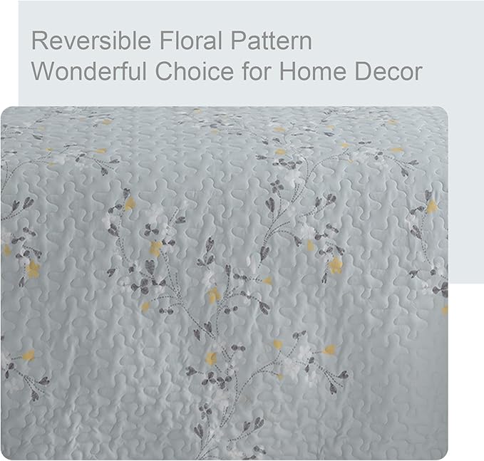 Exclusivo Mezcla Reversible Boho Quilts Queen Size, Light Blue Bedspreads Lightweight Coverlet All Season Flowers Quilt Bedding Set with Printed Floral Pattern (1 Quilt, 2 Pillow Shams)